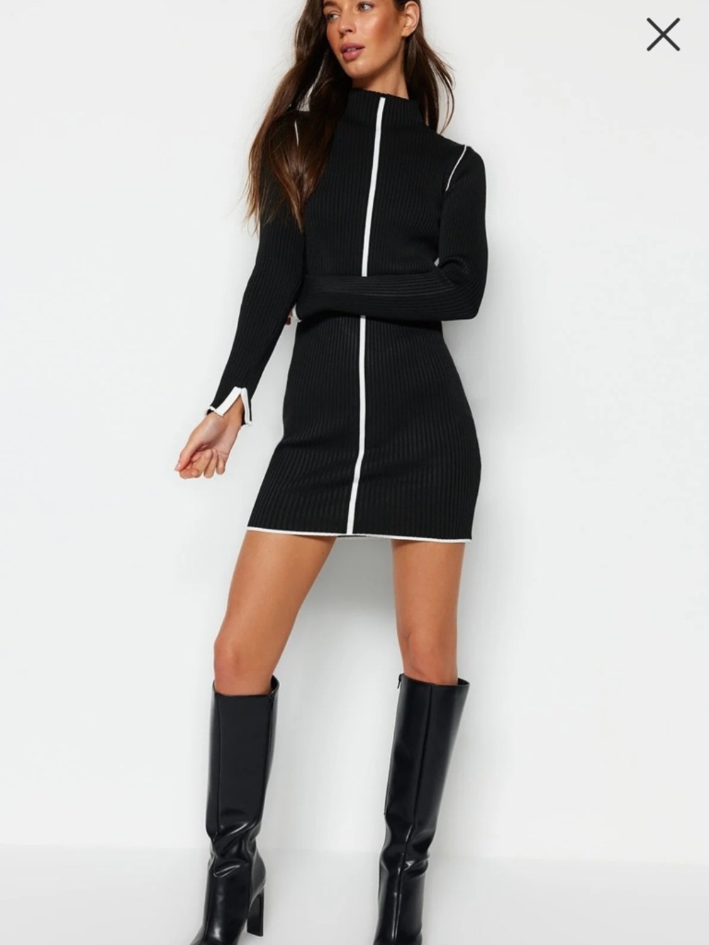 MEROKEETY Black White Contrast Ribbed Knit Bodycon Mini Dress M